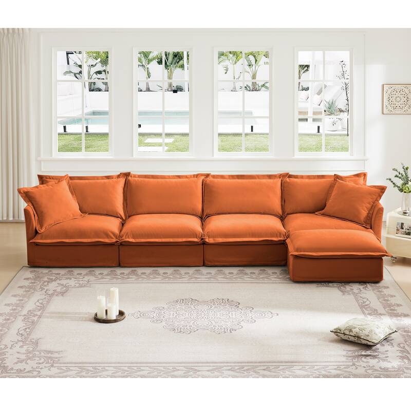 4 Deep Seat Slipcovered L-Shape Chenille Sectional Long Sofa Couch