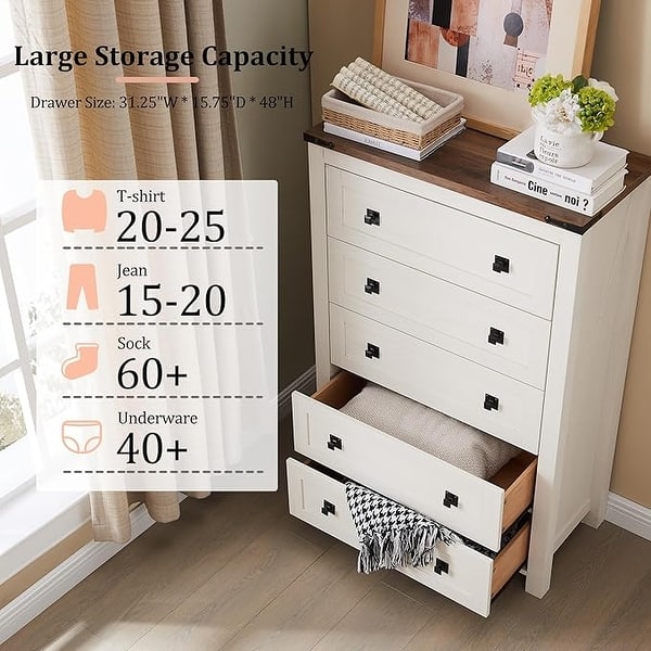 48" Tall Farmhouse 5 Drawer Wood Dresser, Chest of Drawers for Bedroom