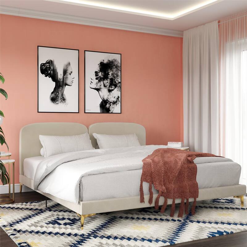 Velvet Upholstered King Size Bed with Gold-Plated Legs