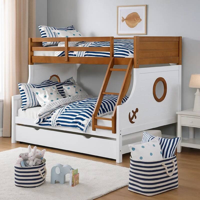 Nexo Twin over Full Bunk Bed with Trundle, Oak Brown, White, Solid Wood