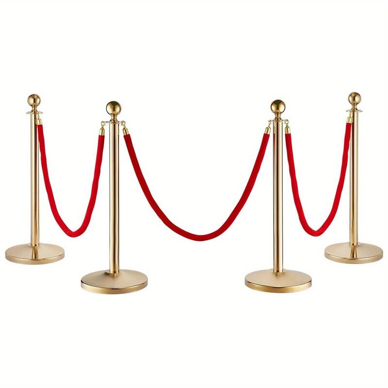 4PCS Gold Pole+3PCS Red Velvet Hanging Rope,Ball Top Posts,Solid Base