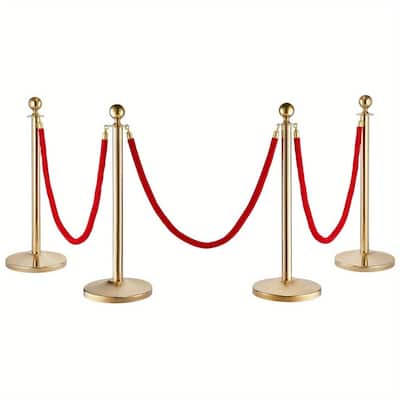 4PCS Gold Pole+3PCS Red Velvet Hanging Rope,Ball Top Posts,Solid Base