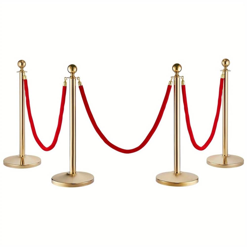 4PCS Gold Pole+3PCS Red Velvet Hanging Rope,Ball Top Posts,Solid Base