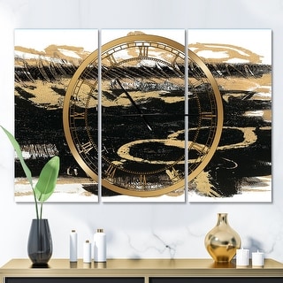 Designart 'Gold and Black drift III' Glam 3 Panels Large Wall CLock - 36 in. wide x 28 in. high - 3 panels