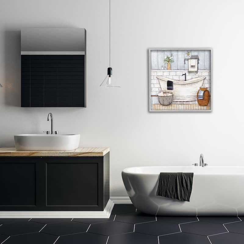 Stupell Bathroom Farmhouse Style Tub Neutral Grey Drawing, 12x12, Framed Wall Art, Design by Yellow Café - Blue