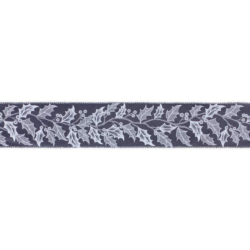 Holly Berry Christmas Wired Craft Ribbon - 2.5" x 20 Yards - Gray and Silver