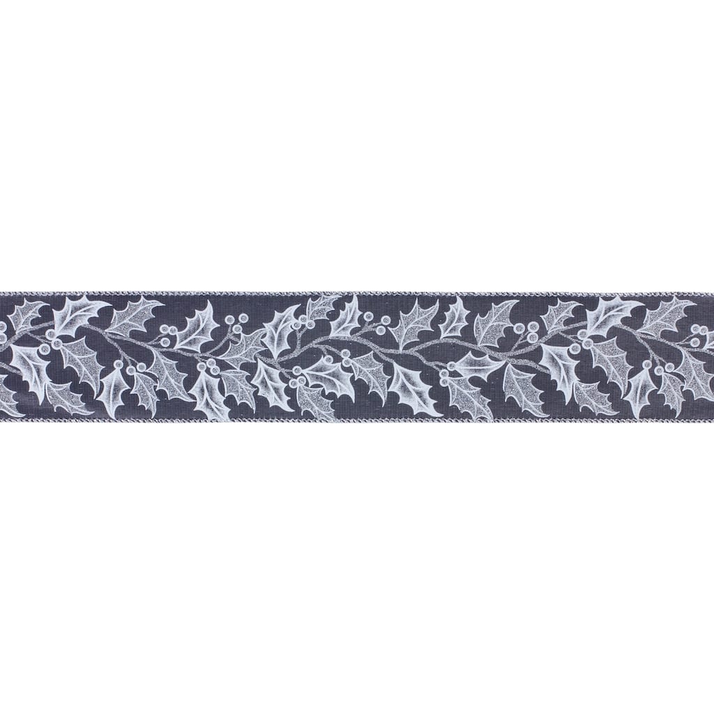 Holly Berry Christmas Wired Craft Ribbon - 2.5" x 20 Yards - Gray and Silver