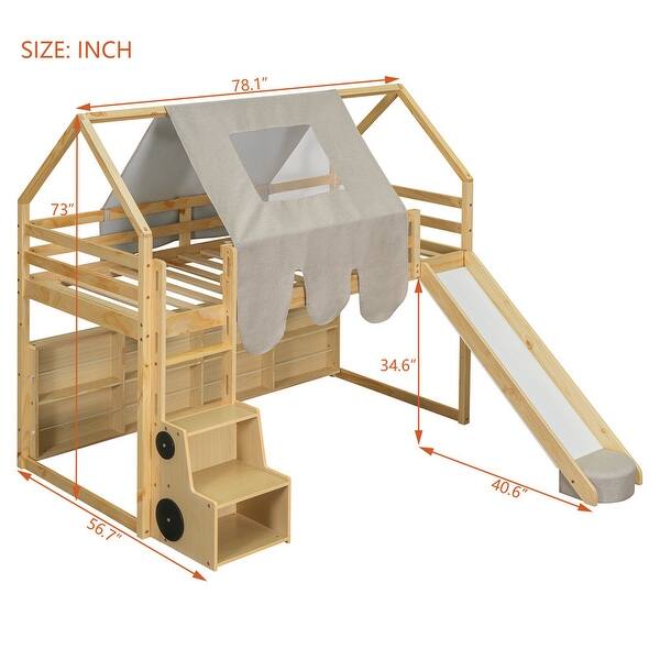 dimension image slide 1 of 2, Twin size Wooden Loft Bed House-shaped Frame with a Tent