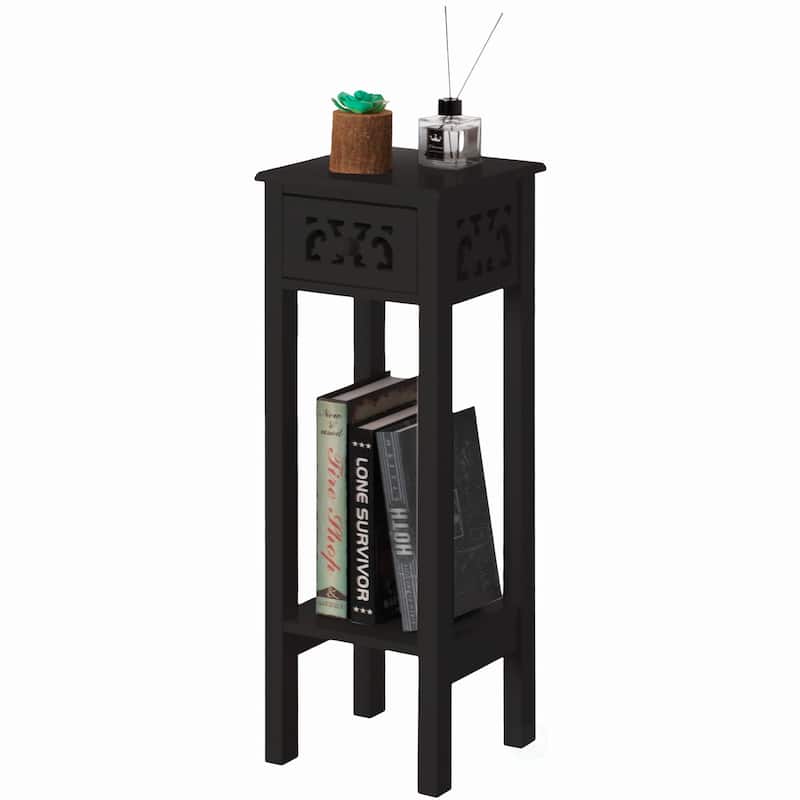 Acacia Wood Slim Bedside Table with Minimalist Design and Space-Saving Functionality, Wood Drawer and Open Shelf Side Table - Black