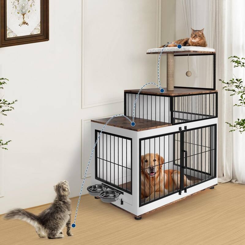 2-in-1 Dog Crate & Cat Tree - XL Wooden Pet Furniture w/Scratching Post & Bowls for Homes w/Both Dogs & Cats