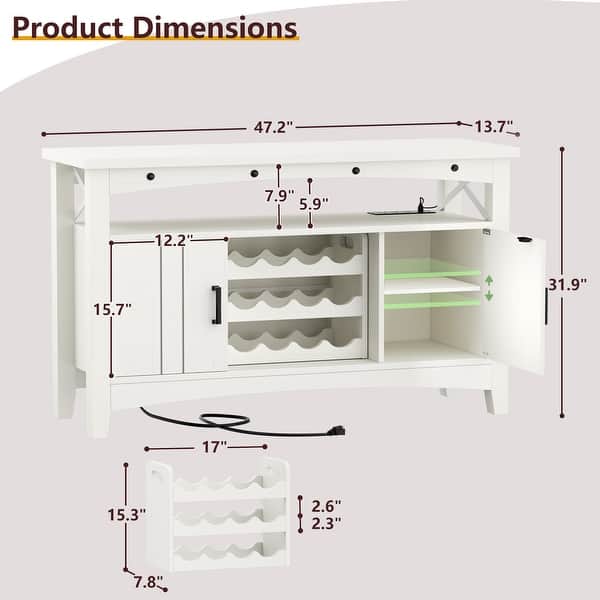 dimension image slide 1 of 5, Farmhouse 47" Wine Bar Cabinet with Power Outlets & LED Lights, Industrial Coffee Bar Liquor Cabinet with Shelves & Wine Rack