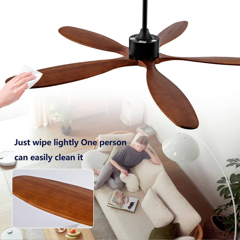 60 Inch Ceiling Fan With 5 Solid Wood Blades Remote Control Reversible DC Motor For Living Room