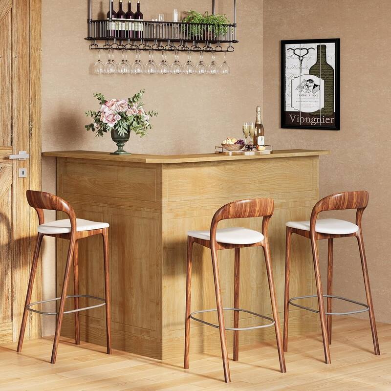 L Shaped Home Bar Cabinet Table with Stemware Racks - Brown