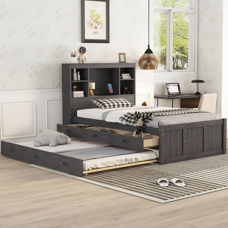 platform bed with Storage Headboard - Antique brown Twin - Twin