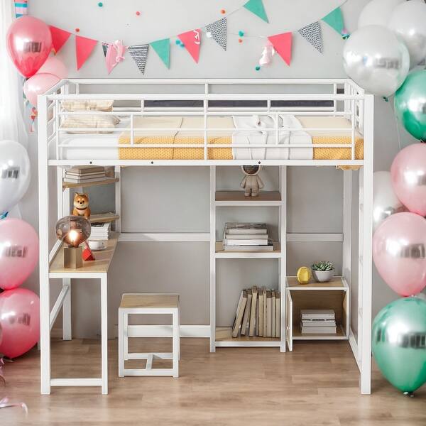 slide 2 of 20, Modern Full Size Metal Loft Bed with Desk and Stool with Open-Style Wardrobe,Shelves and Cabinet White
