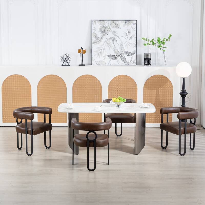 Dark Brown PU Upholstered Accent Chair Dining Chair Barrel Side Chairs Kitchen Armchair for Living Room Dressing Room Set of 3