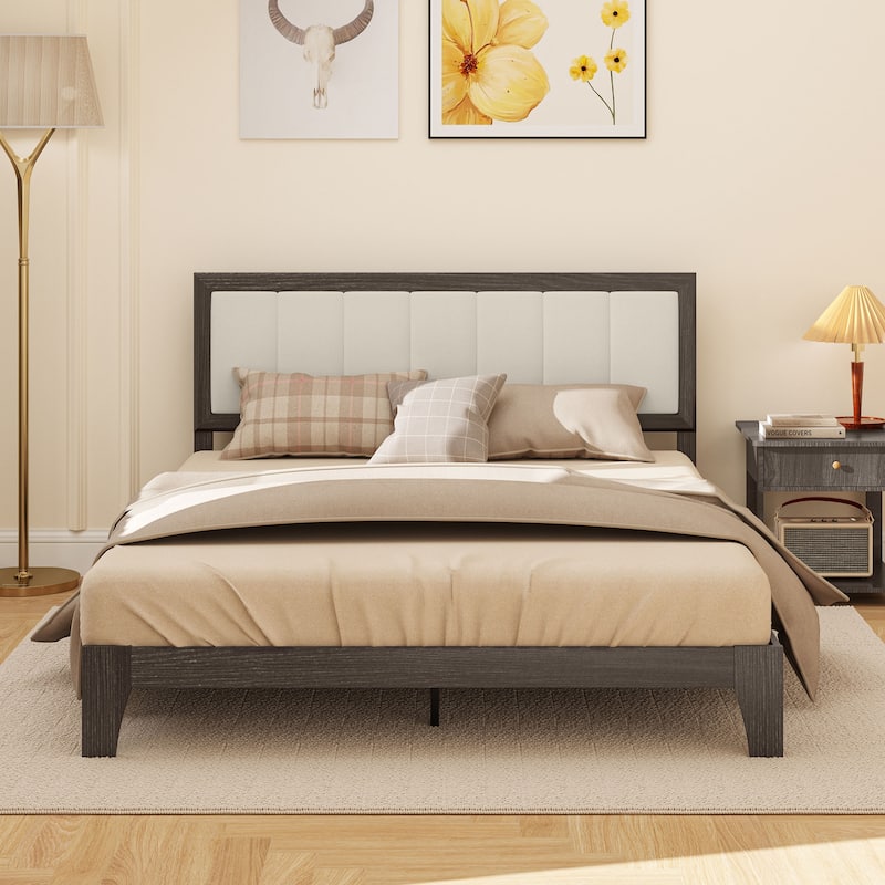 HOMCOM Queen Size Bed Frame with Upholstered Headboard, Platform Bed Frame with Wooden Slats, No Box Spring Needed
