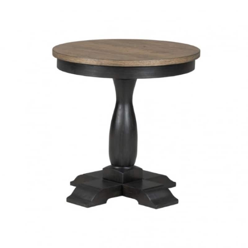 Ginie Round End Table, Rustic Black Brown Solid Rubberwood, 24 Inch