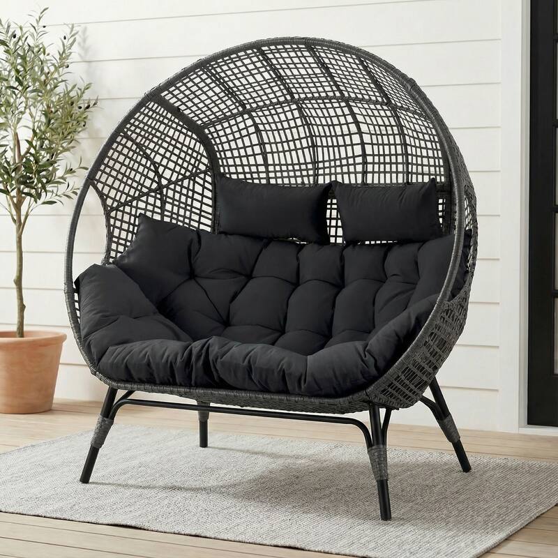 2-Person Papasan-Style Oversized PE Wicker Egg Chair with Cushions, 57.1" Wide, 680-lb Capacity, Indoor/Outdoor
