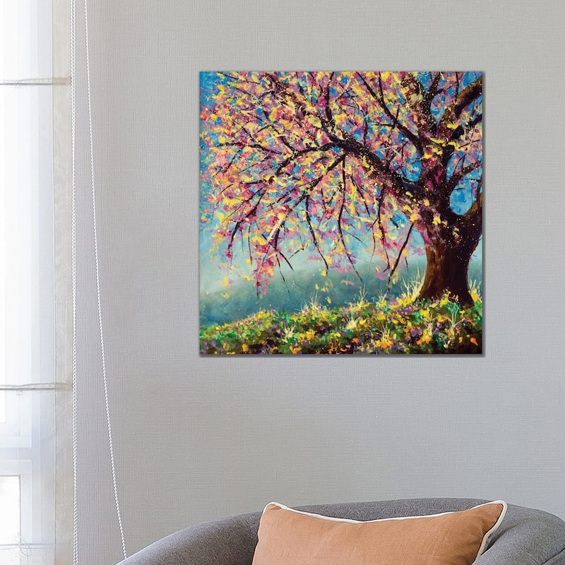 iCanvas "Blooming Sakura Cherry Tree On Mountainside Painting" by Valery Rybakow Canvas Print - 26x26x1.5