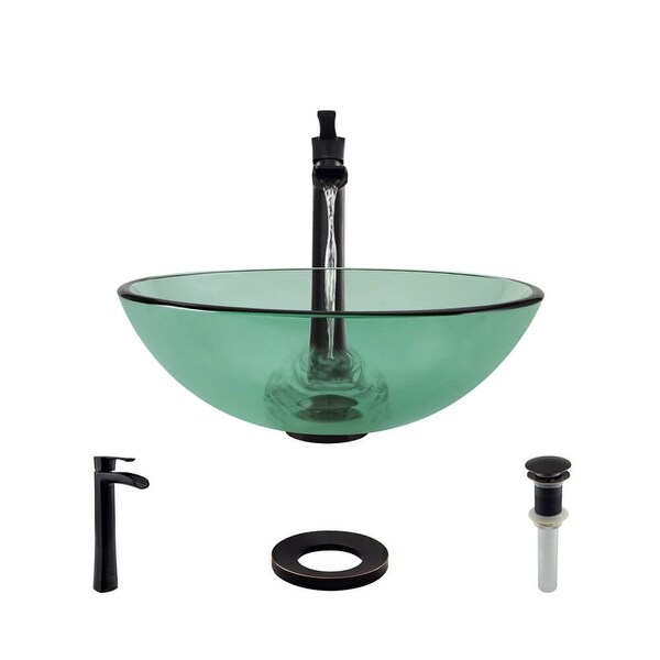 Rene R5-5001-IVY-R9-7007 16-1/2" Glass Vessel Bathroom Sink with Vessel Faucet, Sink Ring, and Vessel Pop-Up Drain