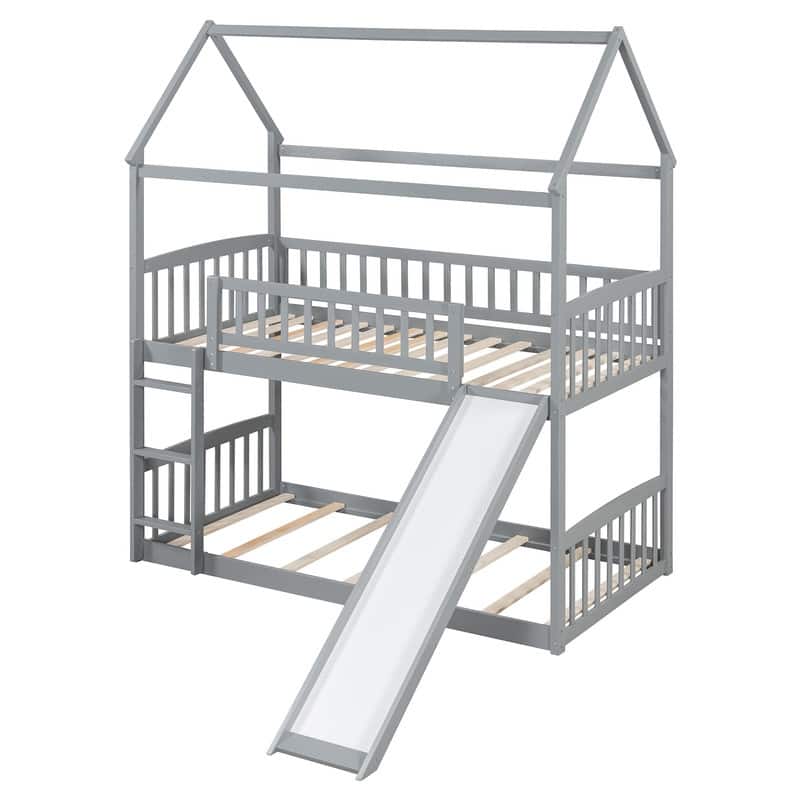 Twin Over Twin Bunk Bed with Slide, House Bed with Slide, Gray