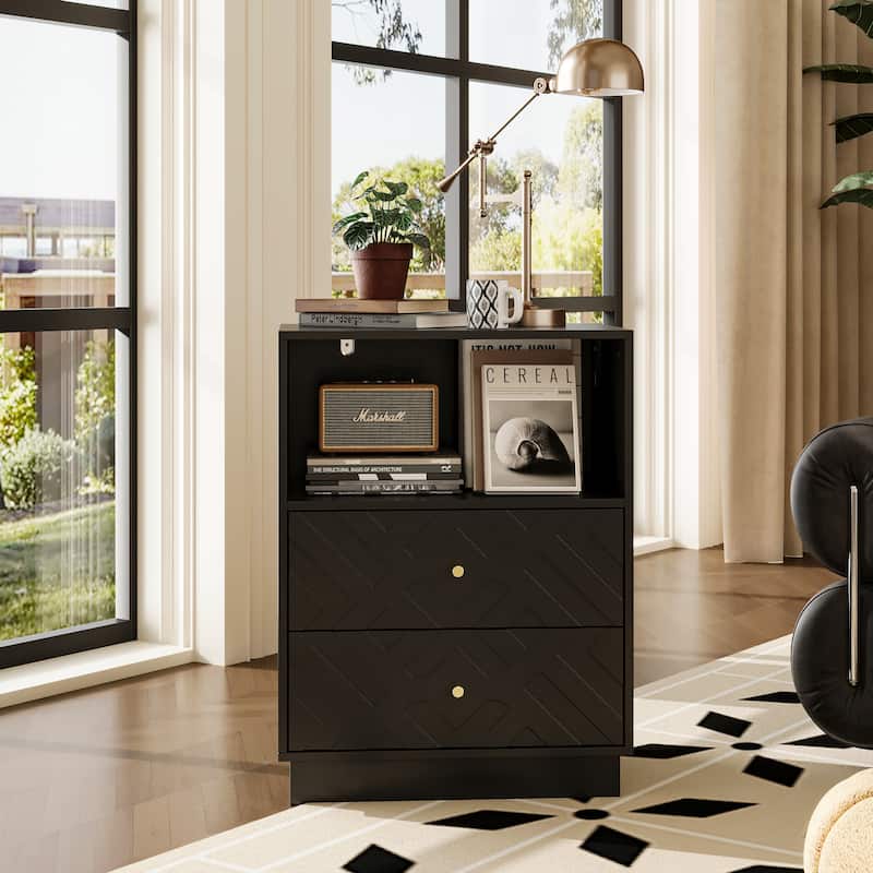 Black Side Cabinet Accent Cabinet with Gold Handles For Living Room: Geometric Texture, Open & Drawer Storage