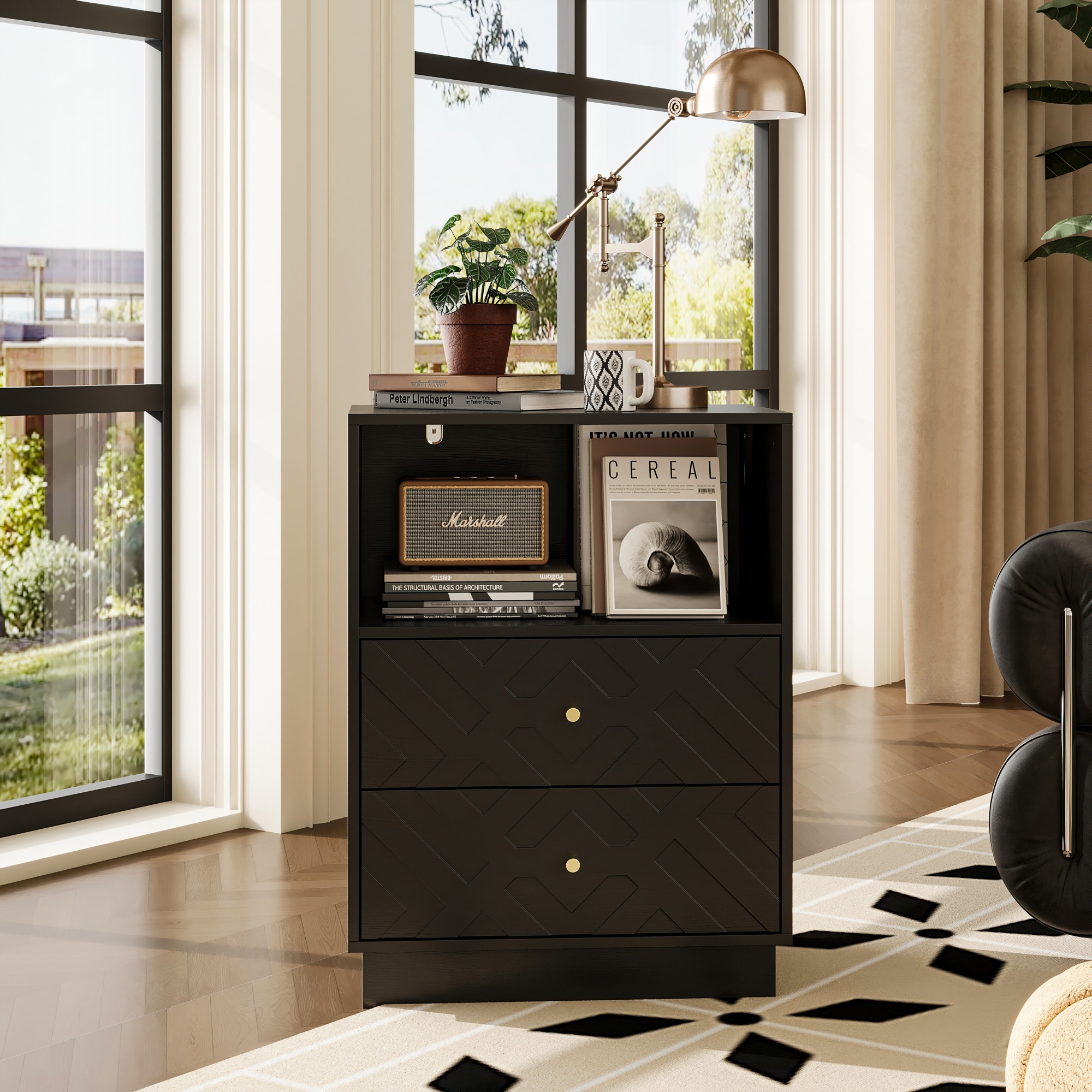 Black Side Cabinet Accent Cabinet with Gold Handles For Living Room: Geometric Texture, Open & Drawer Storage