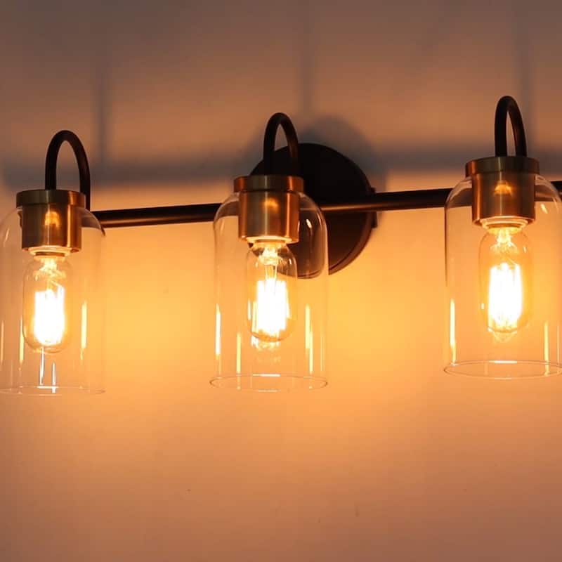 Modern Industrial 3-Light Black Brass Wall Light Clear Glass Vanity Light Fixture for Bathroom