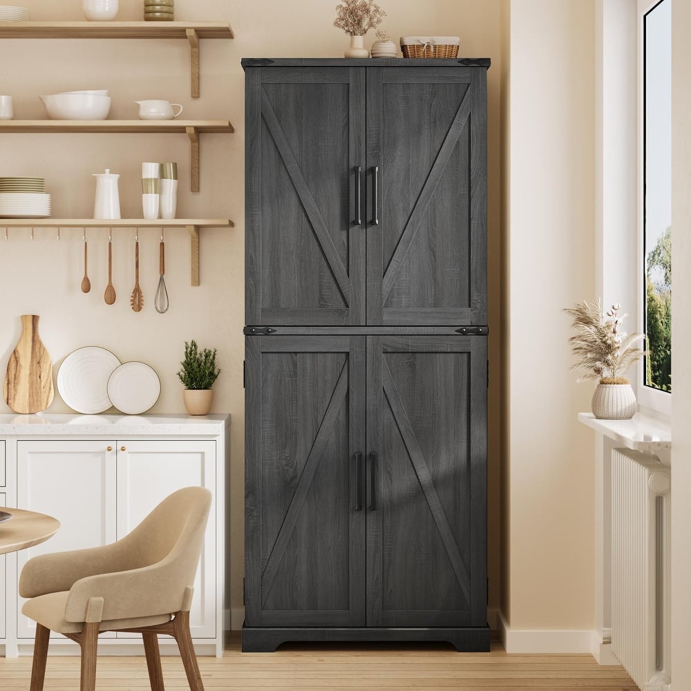 Farmhouse Wood Pantry Cabinet with Barn Doors, Adjustable Shelves