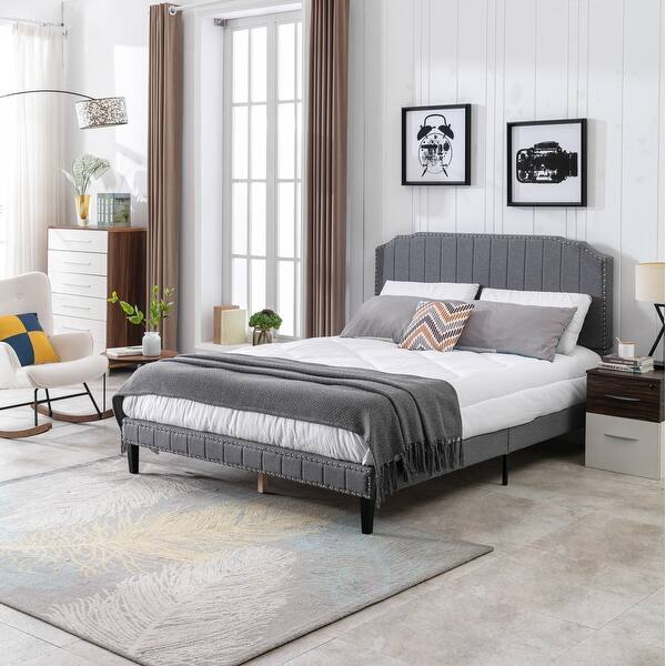 Gray Linen Upholstered Platform Bed Frame, Queen Solid Wood Slat ...
