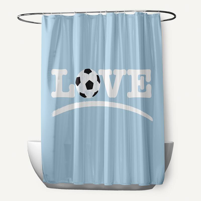 Love Soccer Word Print Shower Curtain - Light Blue