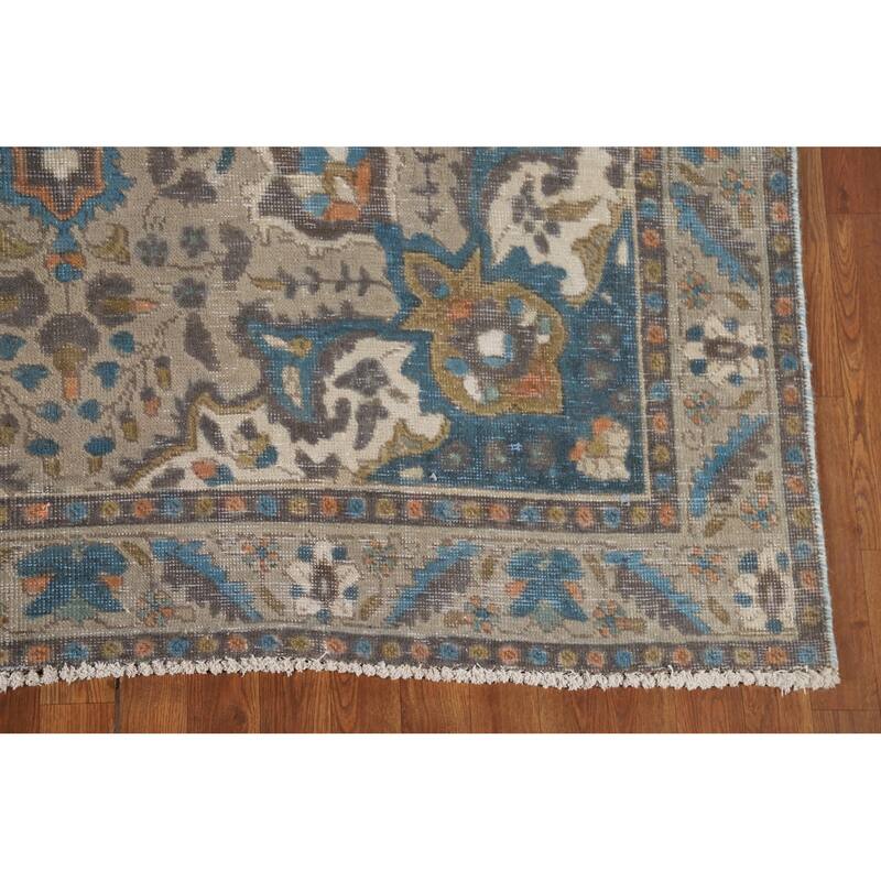 Distressed Tabriz Vintage Persian Rug Handmade Beige Wool Carpet - 6'5" x 9'3"