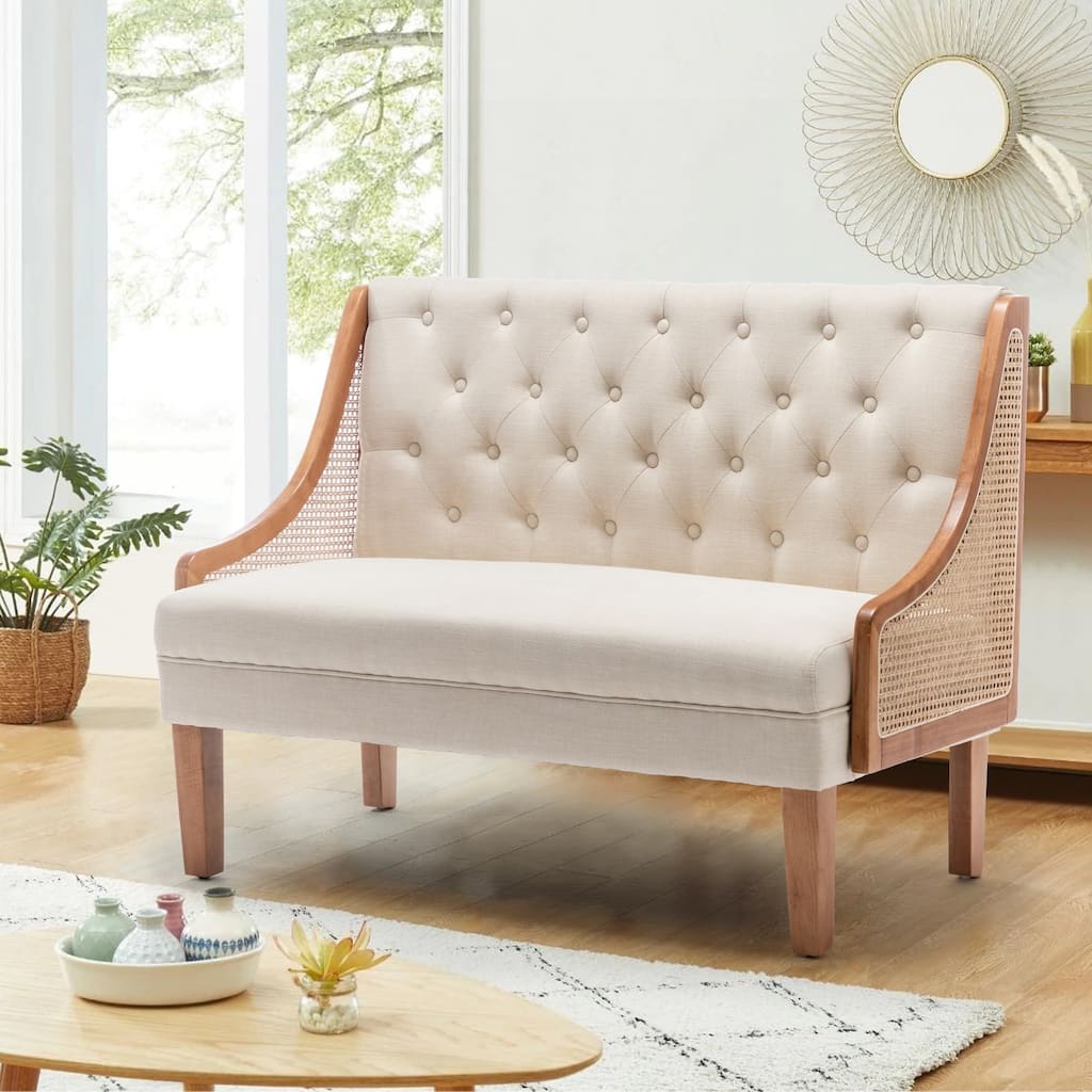 Andeworld Loveseat Settee Bench with Natural Rattan Arms, Upholstered Modern Mini Sofa Couch,Banquette Dining Bench Love Seat