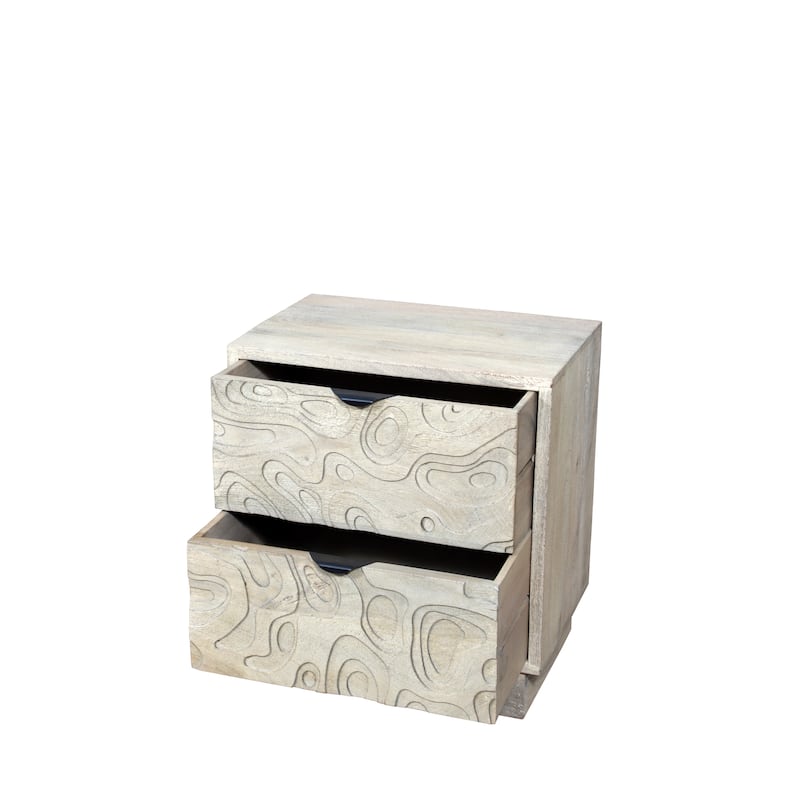 Modern Solid Wood Carved Nightstand with 2 Drawers