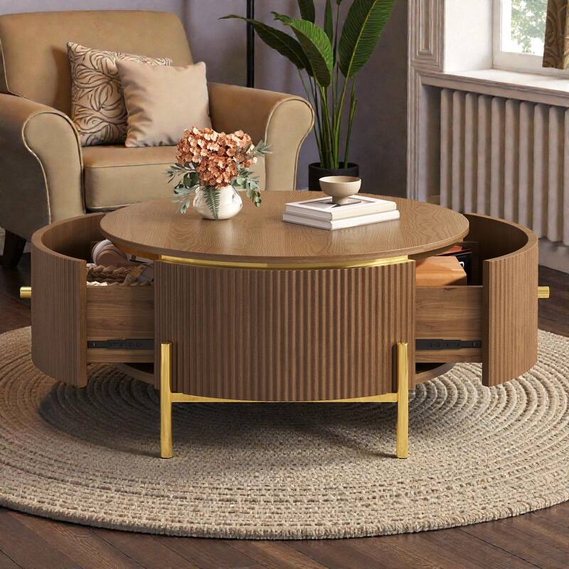 Modern Round Coffee Table with 2 Large Drawers, Marble Pattern MDF Top and Gold Metal Legs