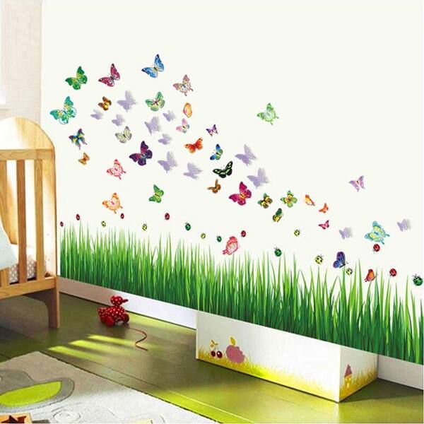 slide 2 of 3, Walplus Lady Bird Grass Skirting 3D Butterflies Wall Sticker Kid Decal