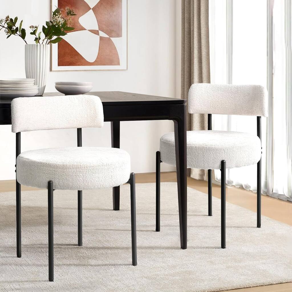 Bossin Dining Chairs, Modern Dining Room Chairs Upholstered Boucle Chair with Curved Backrest, Chairs with Black Metal Legs