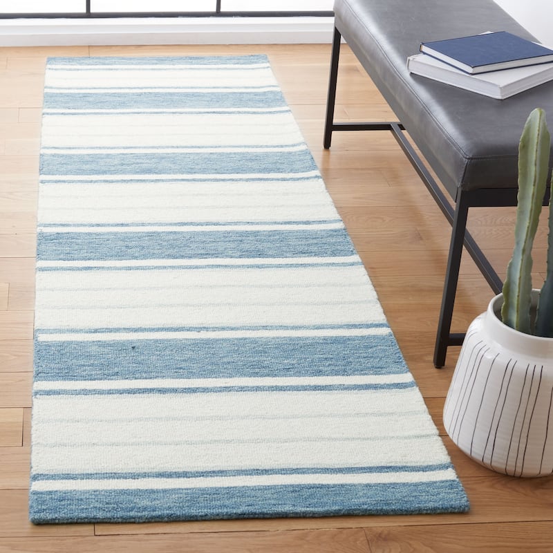 SAFAVIEH Handmade Metro Kaname Stripe Wool Rug - 2'3" x 8' Runner - Blue/Ivory
