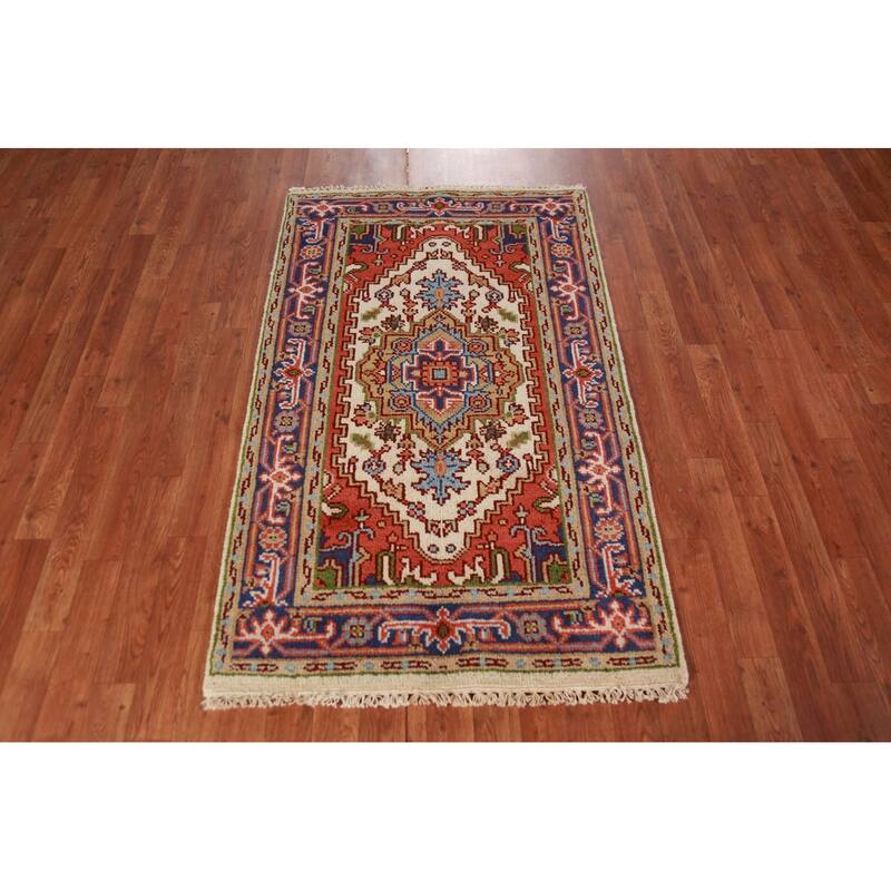 Ivory Geometric Heriz Serapi Indian Foyer Rug Handmade Wool Carpet - 3'0"x 4'11"
