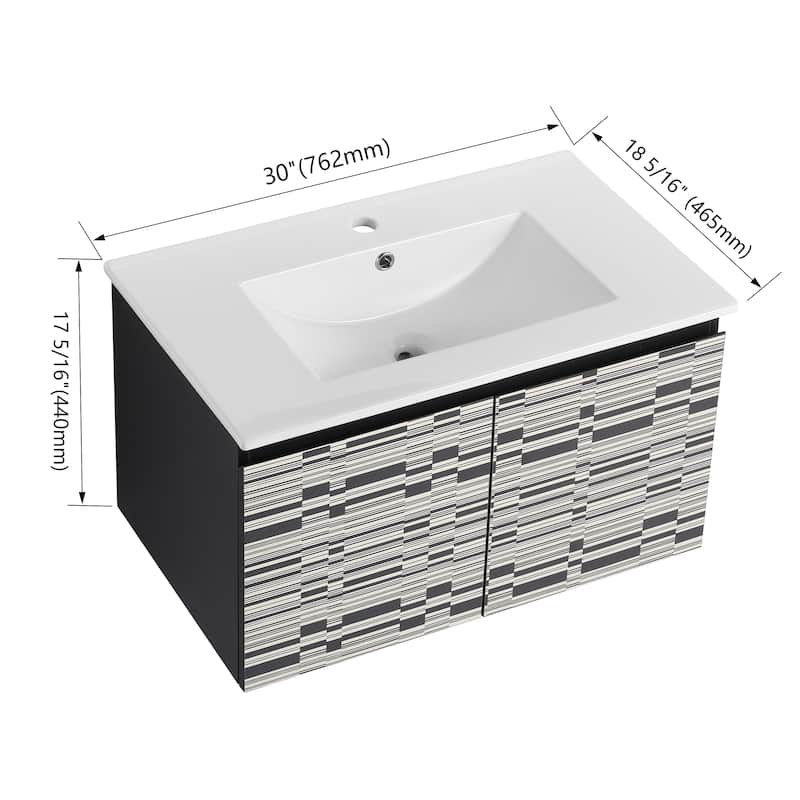 Modern 30'' Wall-Mounted Vanity with Ceramic Sink & Triple Soft-Close Cabinet Doors