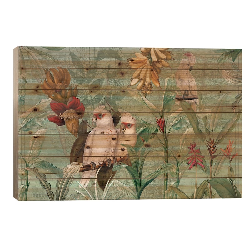 Parrots And Bananas Print On Wood by UtArt - Multi-Color - 18x26x1.5