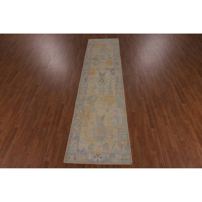Oushak Vegetable Dye Runner Rug Hand-Knotted Wool Carpet - 3'1"x 11'6"
