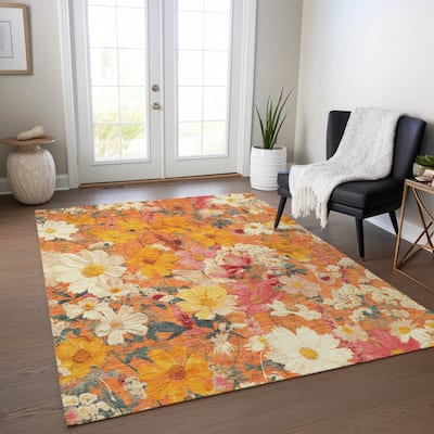 Machine Washable Indoor/ Outdoor Floral Garden Chantille Rug