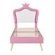 preview thumbnail 14 of 16, Crown Stripe Headboard Platform Bed Frame, PU Upholstered Princess Bed with Remote Control LED Lights, Wood Slat Panel Bed