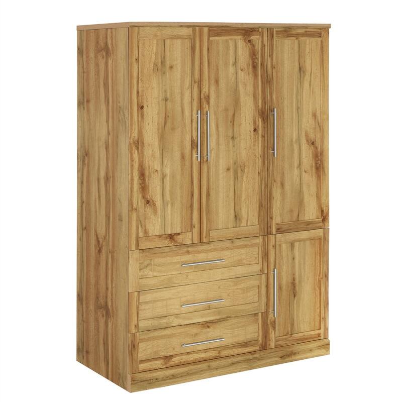 4 Door Wardrobe Bedroom Closet with 3 Storage Drawers, Solid Wood Armoire Clothes Organizer with Hanging Rods & Storage Shelves
