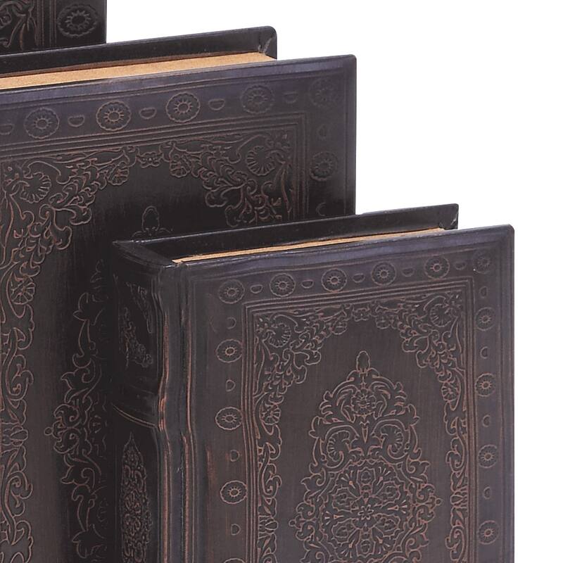Dark Brown Wooden Faux Storage Book Decorative Box with Faux Leather Detailing (Set of 3)