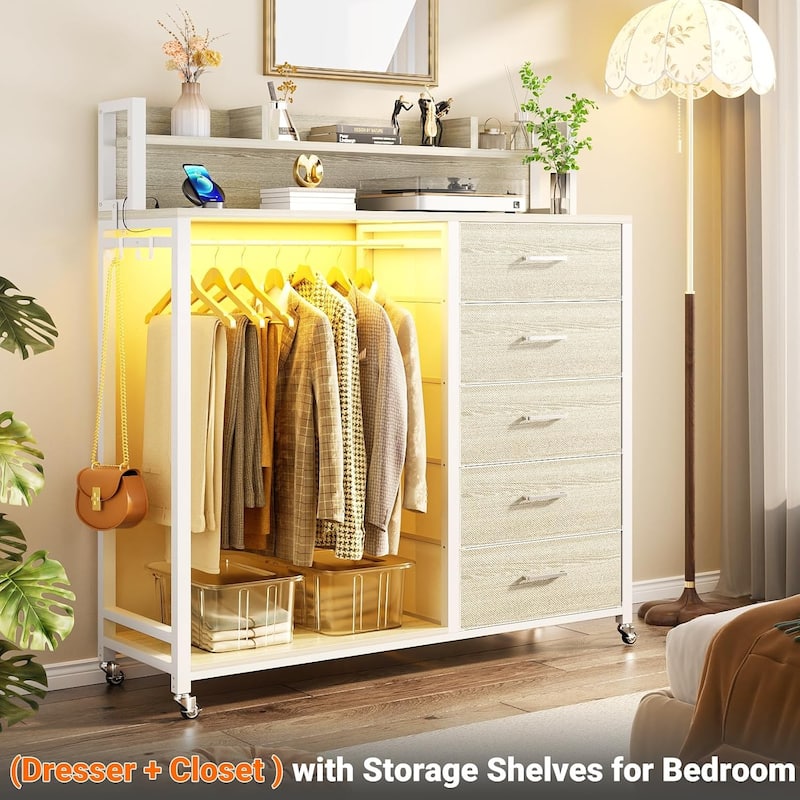 5 Drawers Dresser with Charging Station & LED Lights, Chest of Drawers with Hanging Rod ＆ Lockable Wheels ＆ Storage Shelves - White Oak