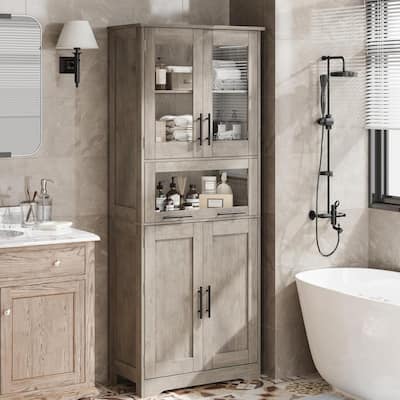 Tall Bathroom Cabinet,Kitchen Pantry Cabinet with Glass Doors and Adjustable Shelf,Storage Cabinet for Laundry,Living Room,White