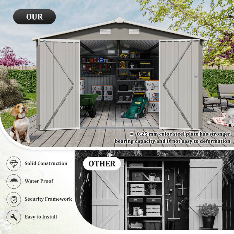 Campcraft Outdoor Storage Shed 10×14 FT with 3 Lockable Doors,4 Air Vents & Sloped Roof,Utility Tool Shed